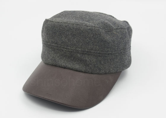 Cotton Wool Blend Military Cap Leather Bill Adjustable For Lady / Women
